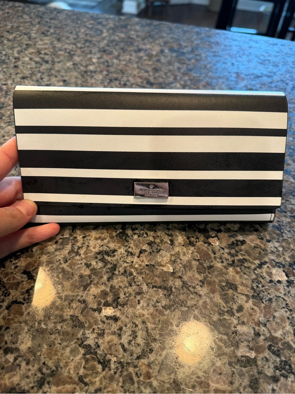 kate spade Black and White Striped Clutch with Gold Plaque